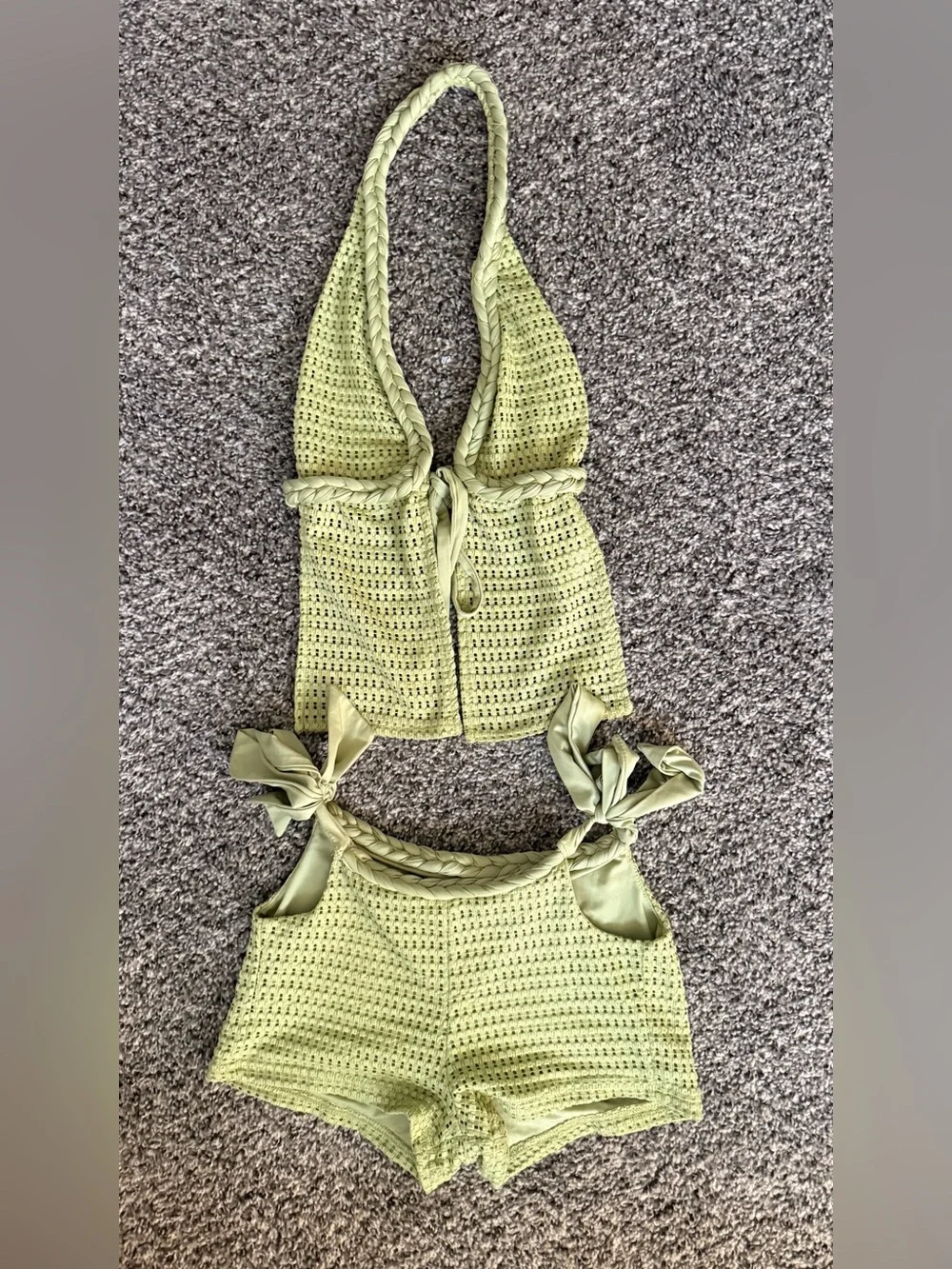 Lace-Up Crochet Halter Set - Sage Green